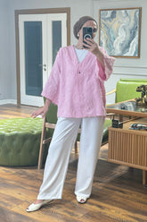 Dokulu V Yaka Tek Düğmeli Ceket ve Geniş Paça Pantolonlu İkili Takım 8883 - Pembe